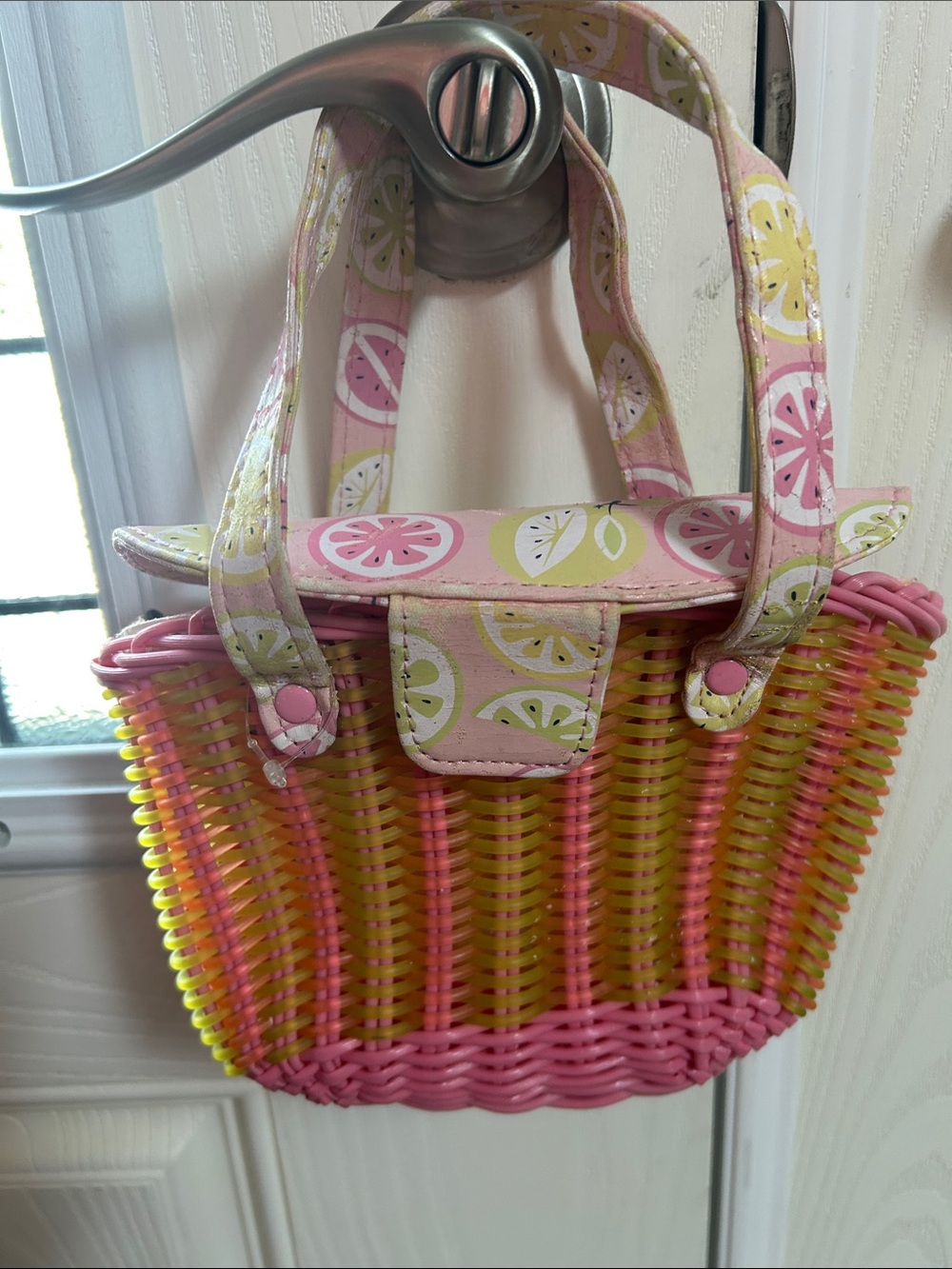 Gymboree Pink and Yellow Woven Kids Basket Tote with Citrus-Print Handles